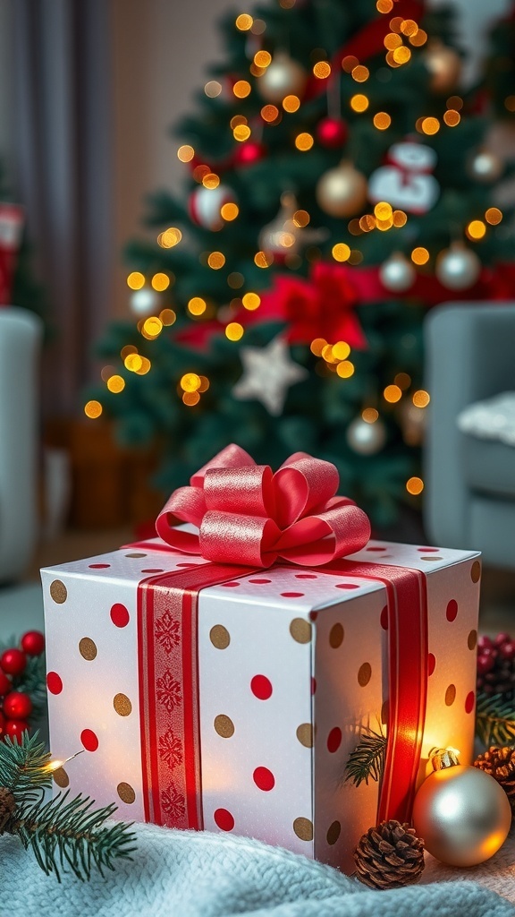 A festive Christmas gift box with decorations in a cozy living room.